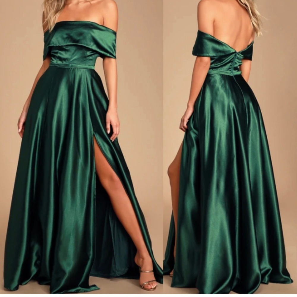 NWT Lulus Greatest Hits Forest Green Satin Off-the-Shoulder Maxi Dress XL